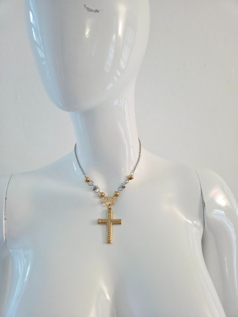Two Tone Gold Silver Chevron Cross Toggle Chain Necklace - Picture 11 of 15